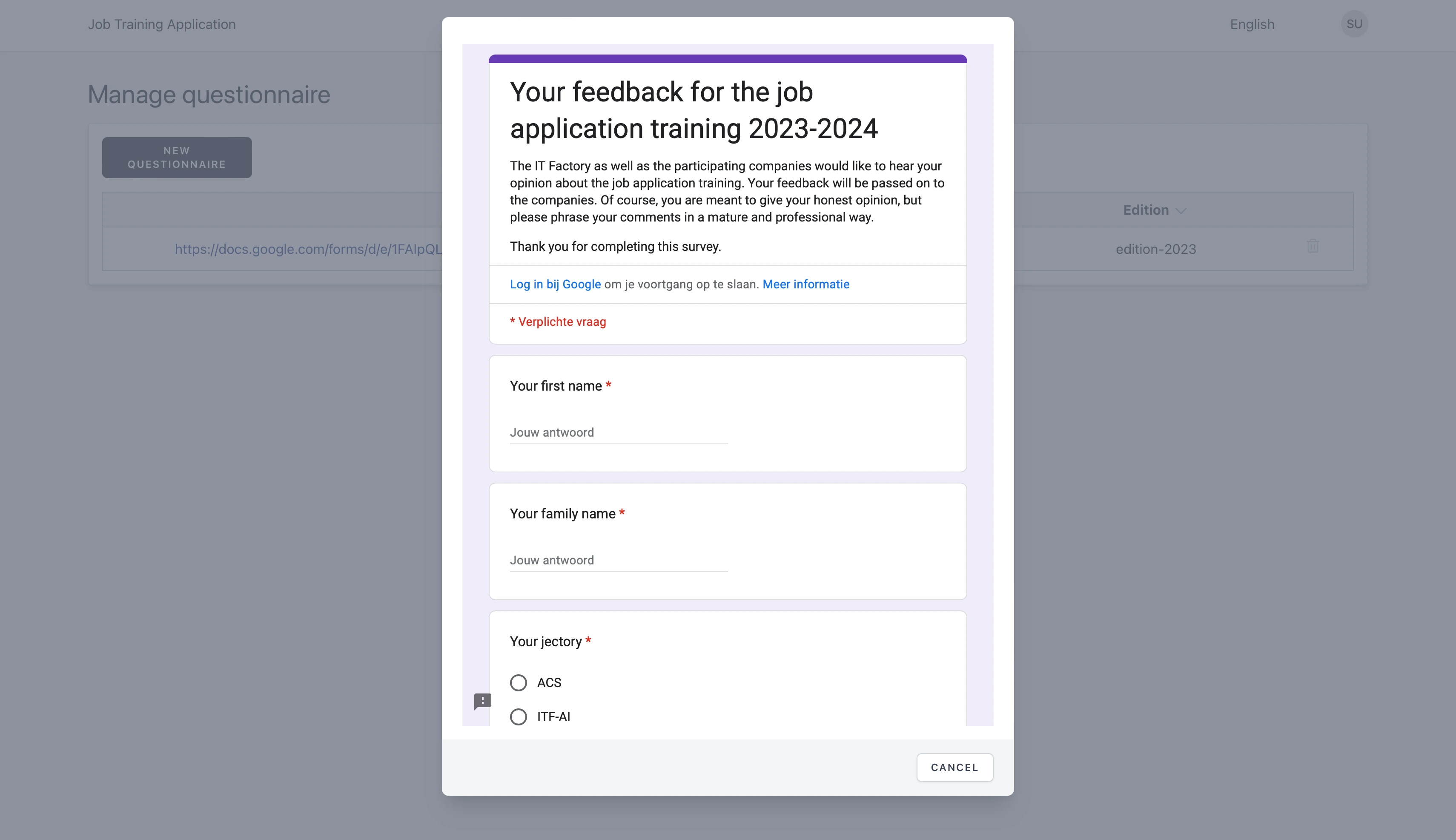 Job Application Training Manage Questionaire Modal